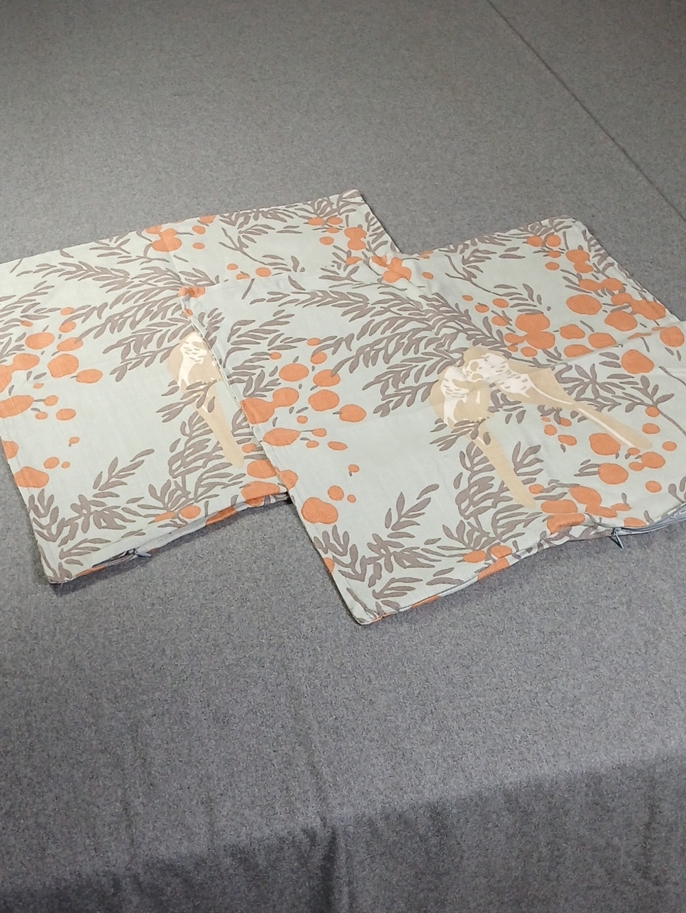 Pair of Linen Light gray Floral Lovebirds with Orange Accents